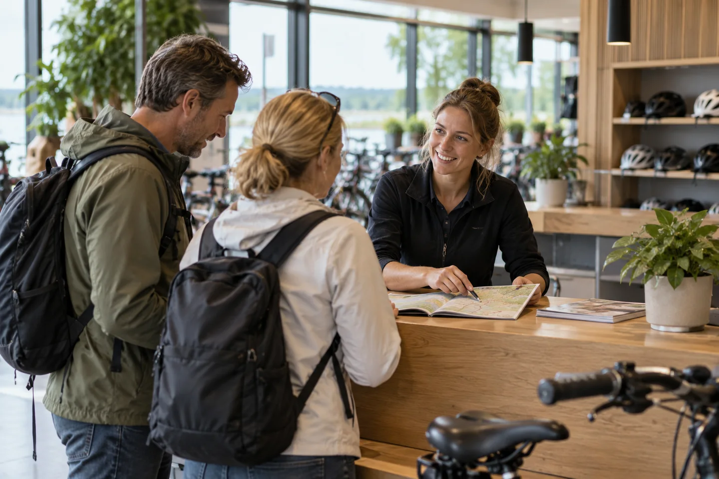 Fietsers bespreken een route bij de balie