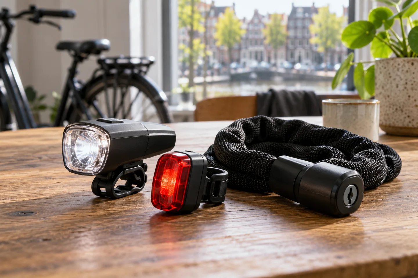 Fietsverlichting en handschoenen op een tafel