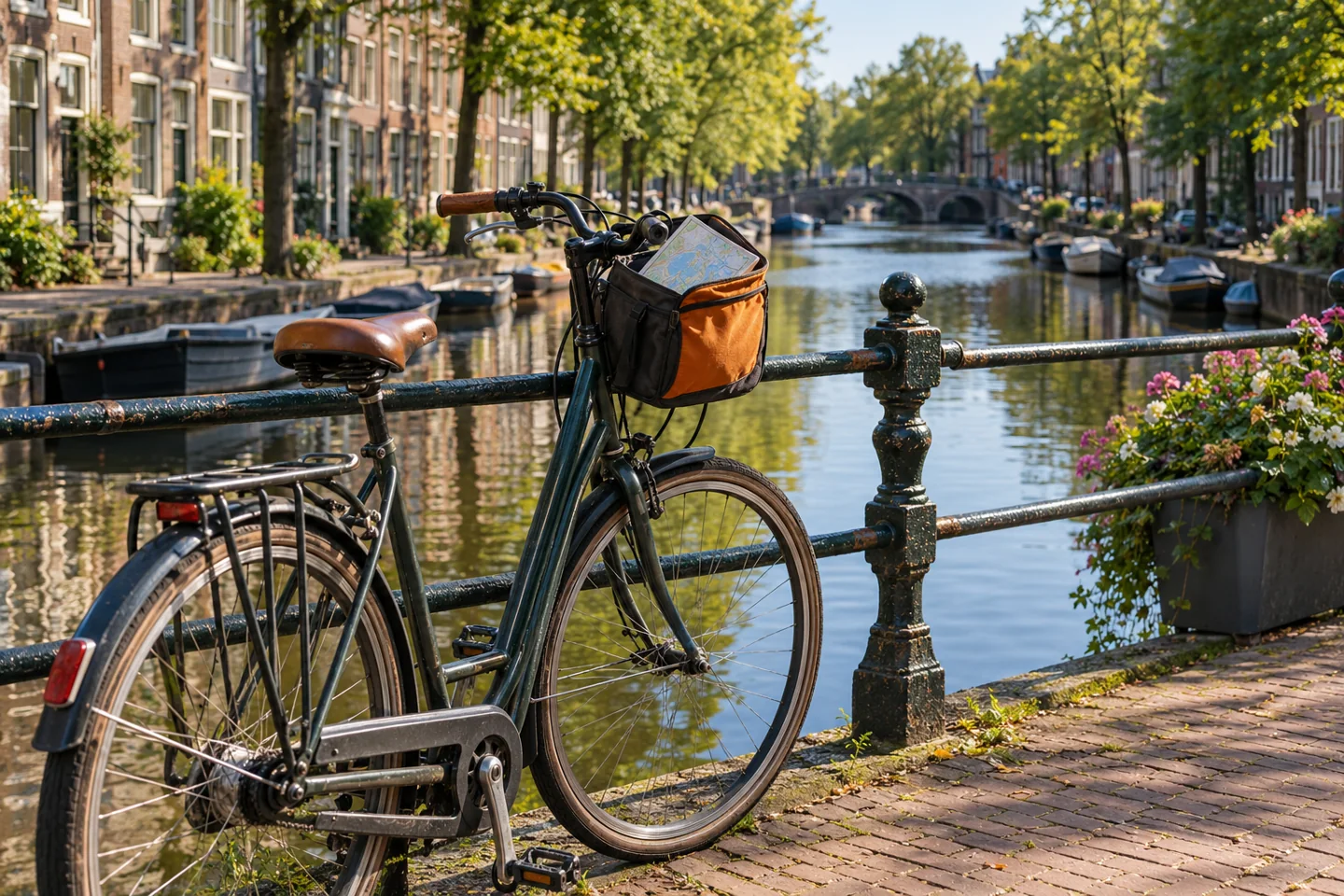 Een fiets staat bij een Nederlandse kade met een gevouwen routekaart in de stuurtas.