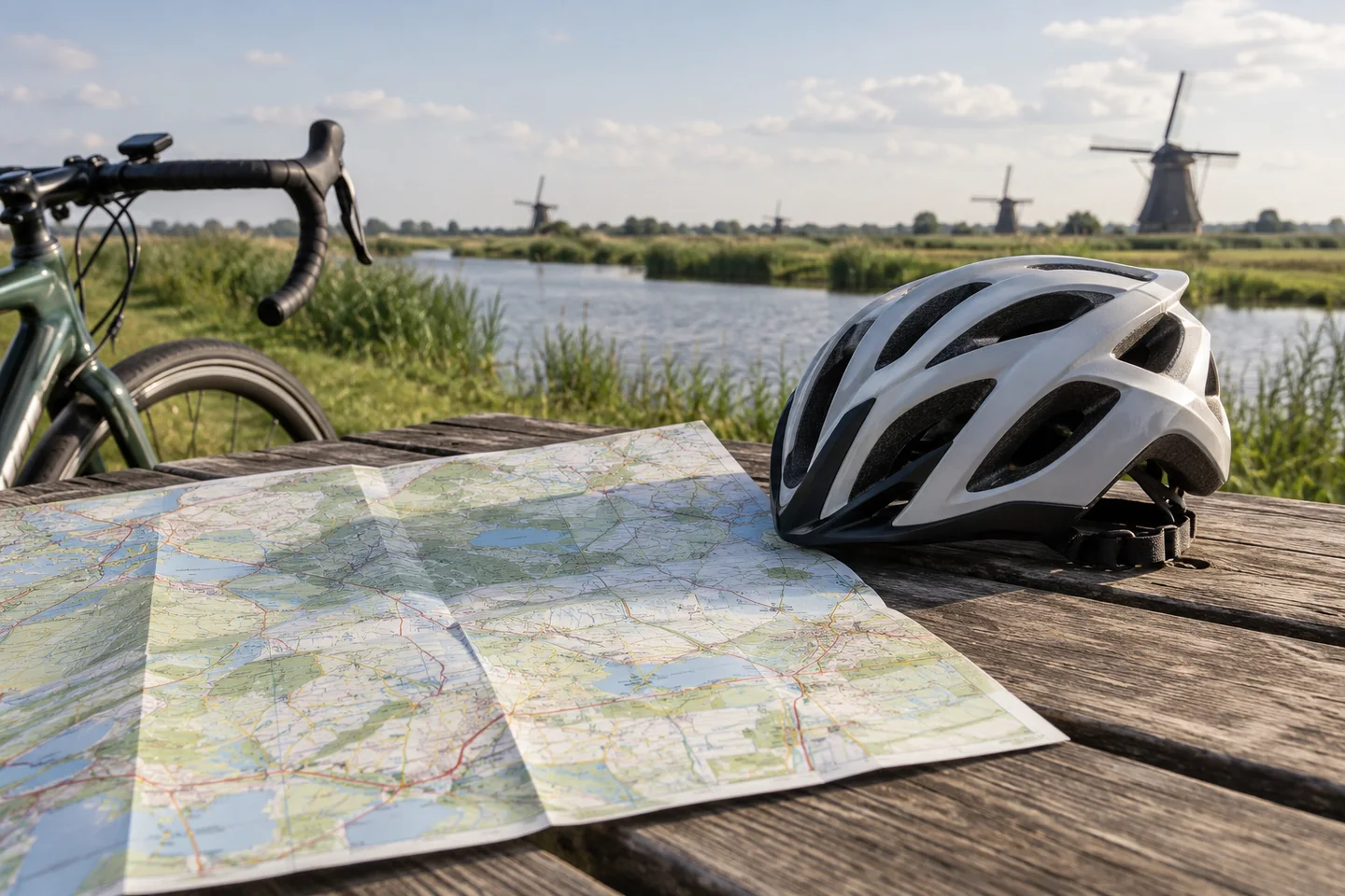 Routekaart en helm bij een fiets