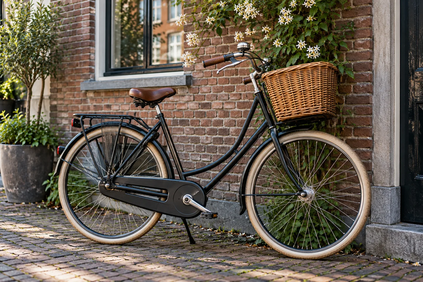 Stadsfiets met mand bij een bakstenen gevel
